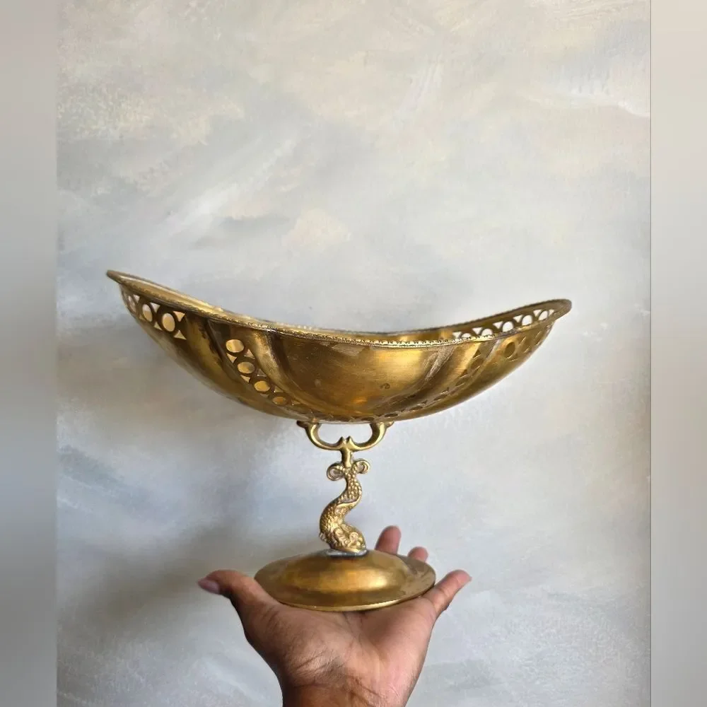 Vintage Brass Fish Pedestal Bowl 7x11.5 Koi